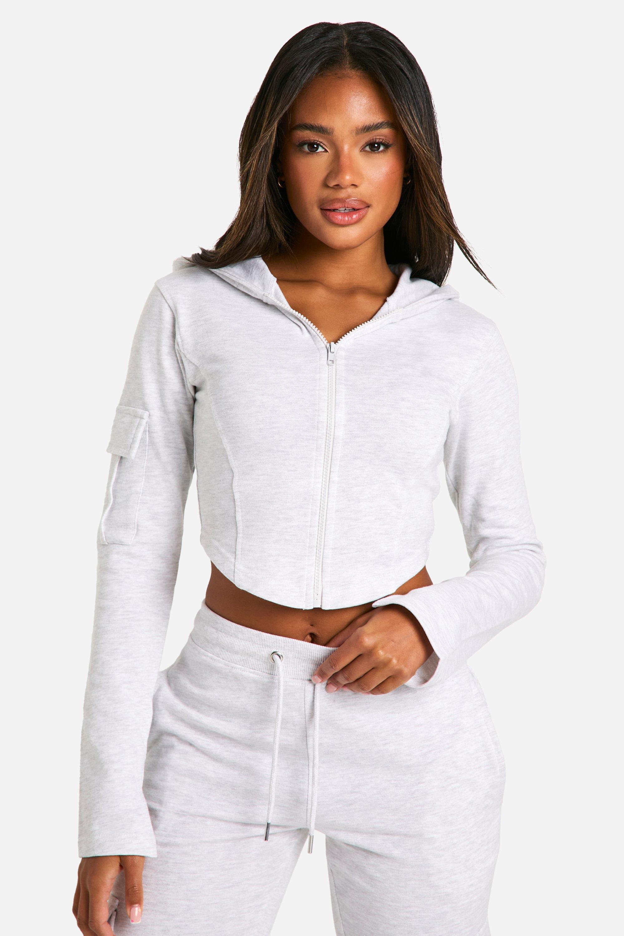 Ash grey Corset Hem Cargo Pocket Zip Through Hoodie 