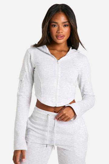 Grey Corset Hem Cargo Pocket Zip Through Hoodie