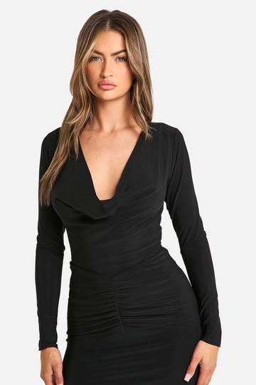 Double Layer Slinky Cowl Neck Long Sleeve Bodysuit black