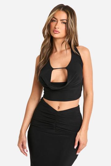 Double Layer Slinky Halter Cowl Front Crop Top black