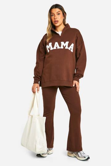 Maternity Mama Applique Half Zip Sweatshirt And Flared Legging chocolate