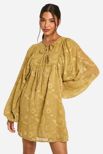 Burnout Paisley Tie Front Smock Dress khaki