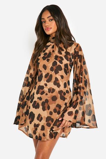 Leopard Chiffon Flare Sleeve Mini Dress brown