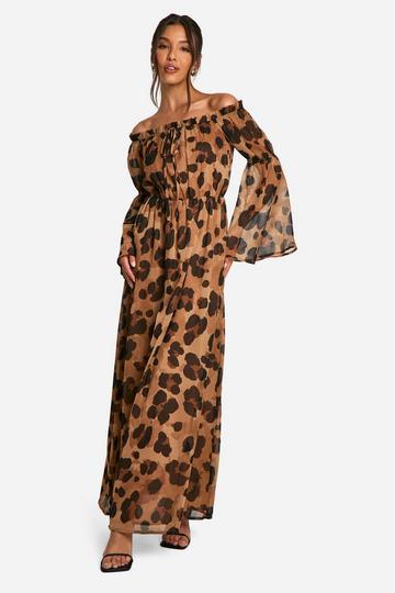 Leopard Chiffon Bardot Volume Maxi Dress brown