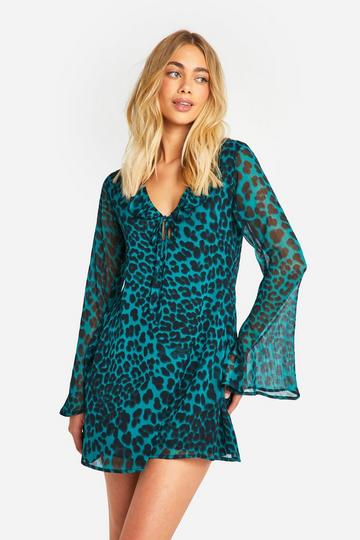 Leopard Crinkle Chiffon Ruffle Flare Sleeve Mini Dress green