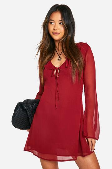 Burgundy Red Crinkle Chiffon Ruffle Flare Sleeve Mini Dress