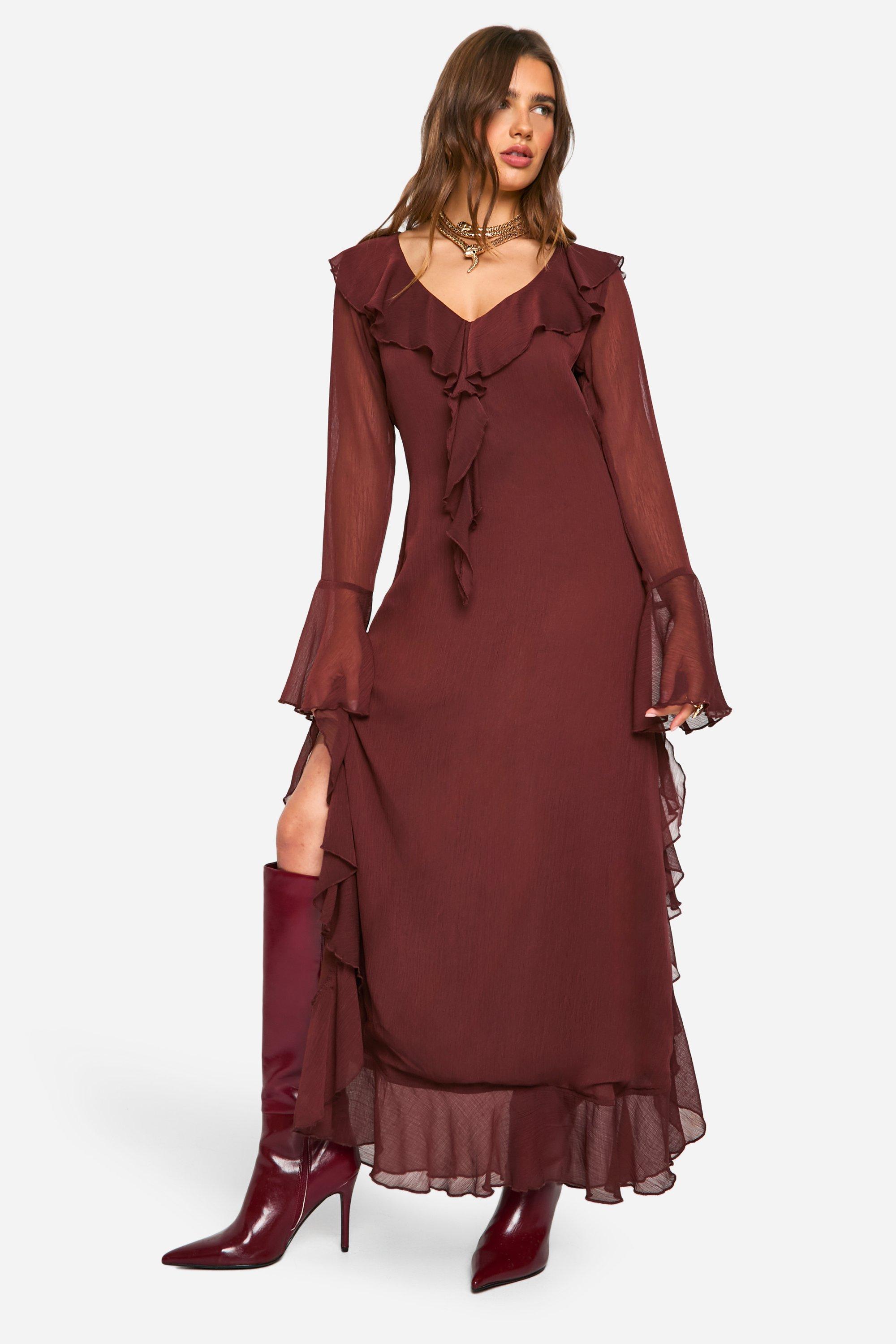 Crinkle Chiffon Ruffle Midaxi Dress | boohoo