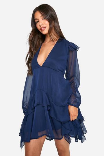 Crinkle Chiffon Ruffle Smock Dress navy