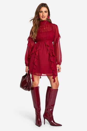 Crinkle Chiffon Funnel Neck Ruffle Smock Dress burgundy