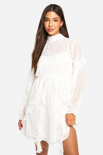 Crinkle Chiffon Funnel Neck Ruffle Smock Dress ivory