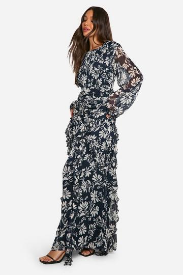 Gekreukelde Chiffon Bloemen Maxi Jurk Met Ruches black