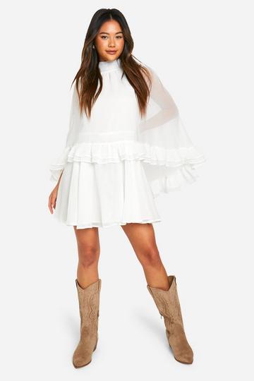 Ivory White Crinkle Chiffon Cape Frill Mini Dress