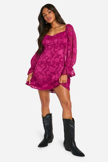 Jacquard Floral Ruffle Milkmaid Dress plum