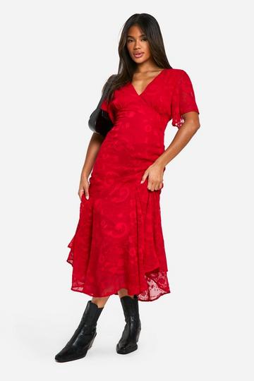 Red Jacquard Paisley Angel Sleeve Midaxi Dress