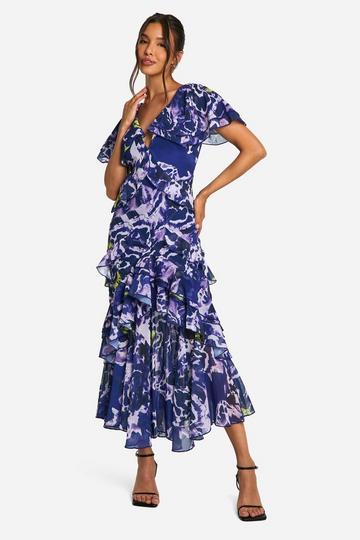 Bloemenprint Maxi Jurk Met Ruches purple