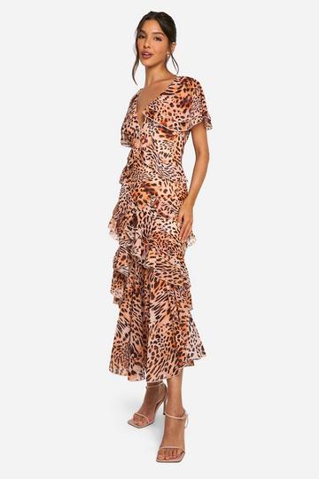 Luipaardprint Maxi Jurk Met Ruches brown