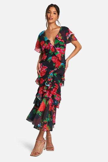 Bloemen Maxi Jurk Met Ruches black