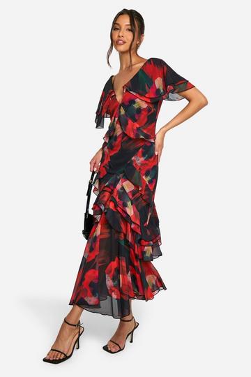 Blur Print Ruffle Maxi Dress black