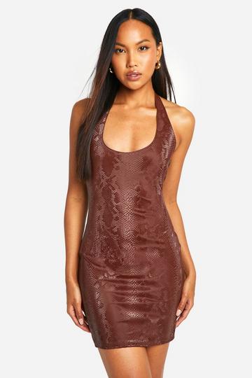 Snake Pu Halter Mini Dress chocolate