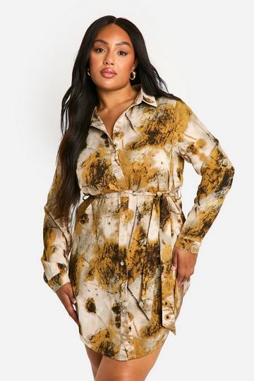 Yellow Plus Smudge Abstarct Printed Tie Belt Shirt Dress