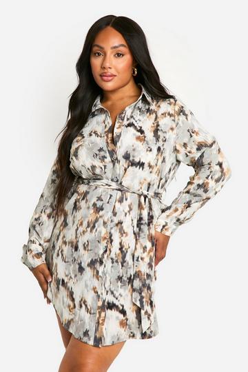 Grey Plus Marble Printed Tie Belt Shirt Dress