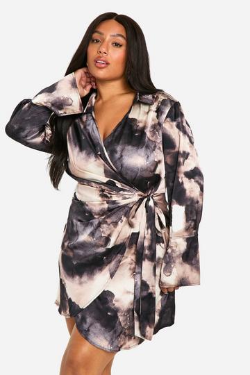 Plus Marble Print Wrap Shirt Dress dusky pink