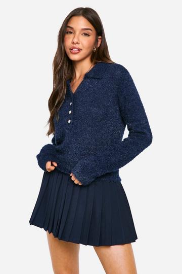 Fluffy Knit Collared Buttoned Jumper navy