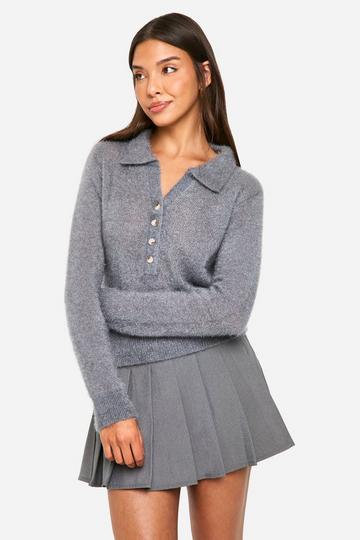 Fluffy Knit Collared Buttoned Jumper grey