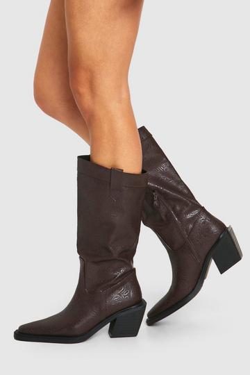 Brown Embossed Pointed Western Knee High Boots