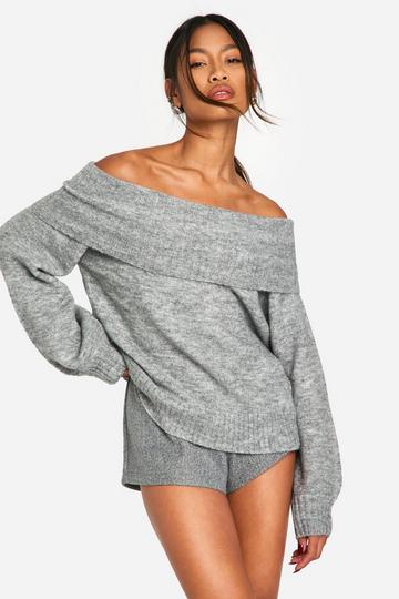 Grey Soft Knit Bardot Slouchy Jumper