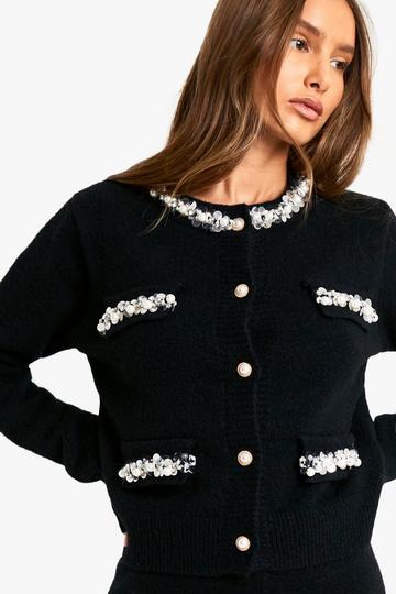 Knitted Boucle Sequin Trim Detail Cardigan black