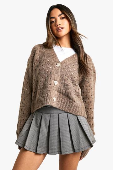 Camel Beige Pluizige Gebreide Cardigan Met Gaatjes