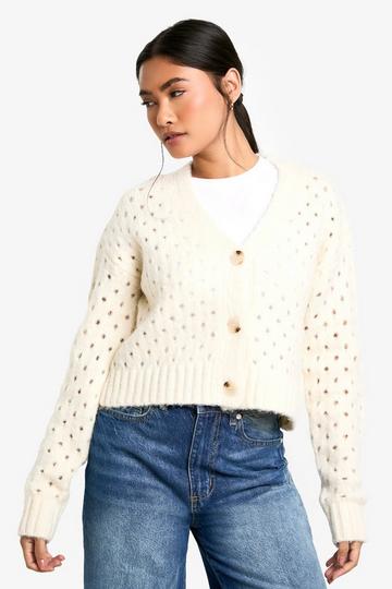 Fluffy Knitted Hole Detail Cardigan cream