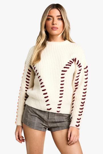 Fluffy Knit Contrast Stitch Detail Jumper cream