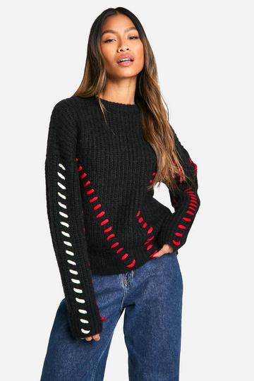 Black Fluffy Knit Contrast Stitch Detail Jumper