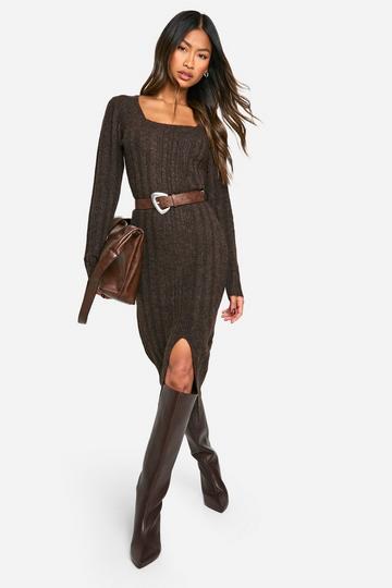 Square Neck Mixed Rib Knitted Midaxi Dress chocolate