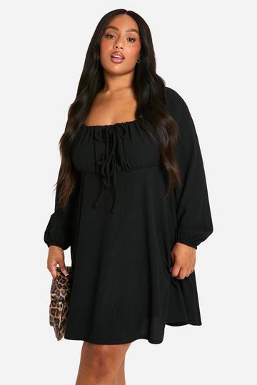 Black Plus Crinkle Tie Front Milkmaid Skater Dress