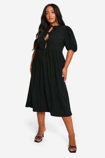 Plus Crinkle Tie Front Puff Sleeve Midi Smock Dress black