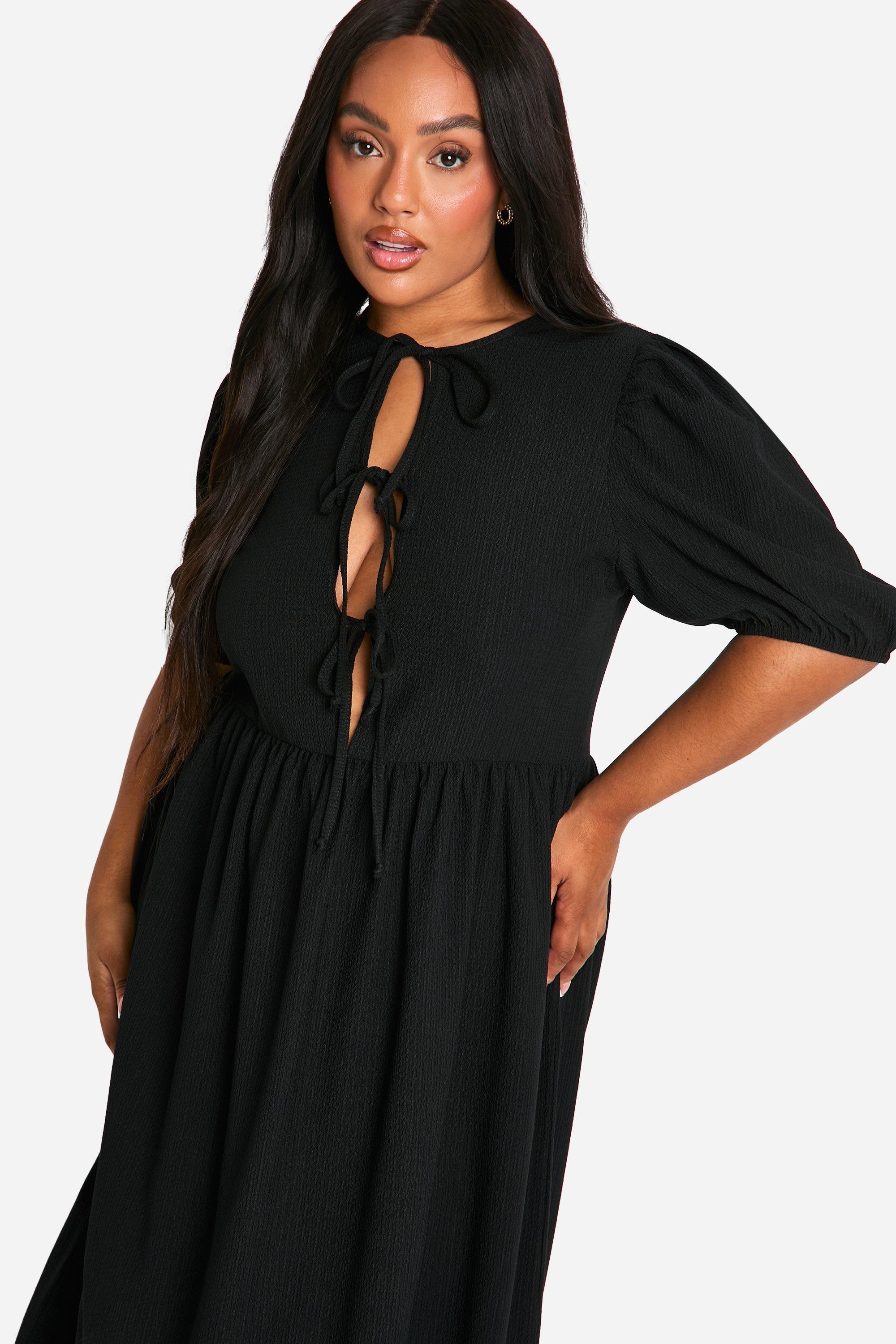 Plus Crinkle Tie Front Puff Sleeve Midi Smock Dress boohoo