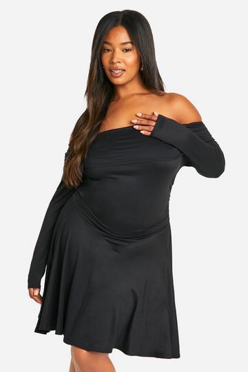 Plus Off Shoulder Skater Jurk Met Lange Mouwen black