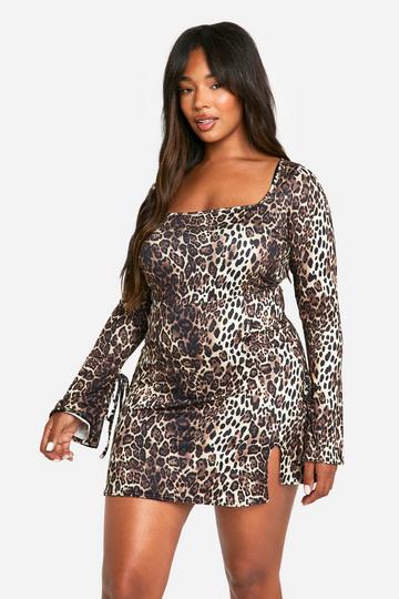 Multi Plus Leopard Tie Cuff Mini Shift Dress