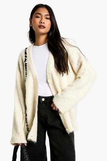 Cream White Boucle Knit Stitch Detail Cardigan