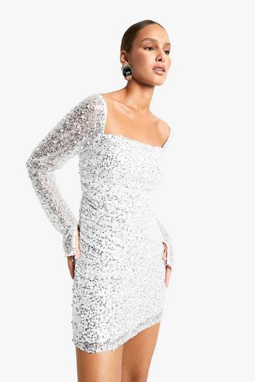 Square Neck Pearl Sequin Mini Dress silver