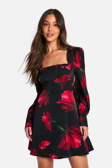 Bloemen Melkmeisjes Mini Jurk Met Korset Detail black