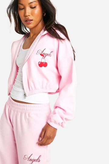 Cherry Print Zip Through Boxy Crop Hoodie baby pink