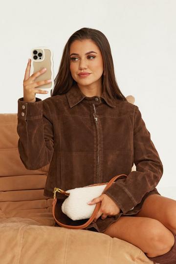 Vintage Look Faux Suede Collared Crop Jacket chocolate