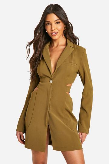 Geweven Blazer Jurk Met Uitgesneden Taille khaki