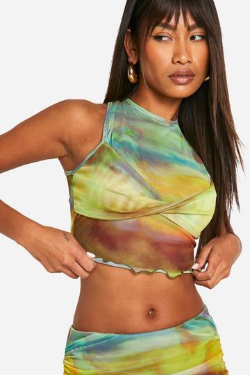 Yellow Printed Mesh Twist Front Racer Top