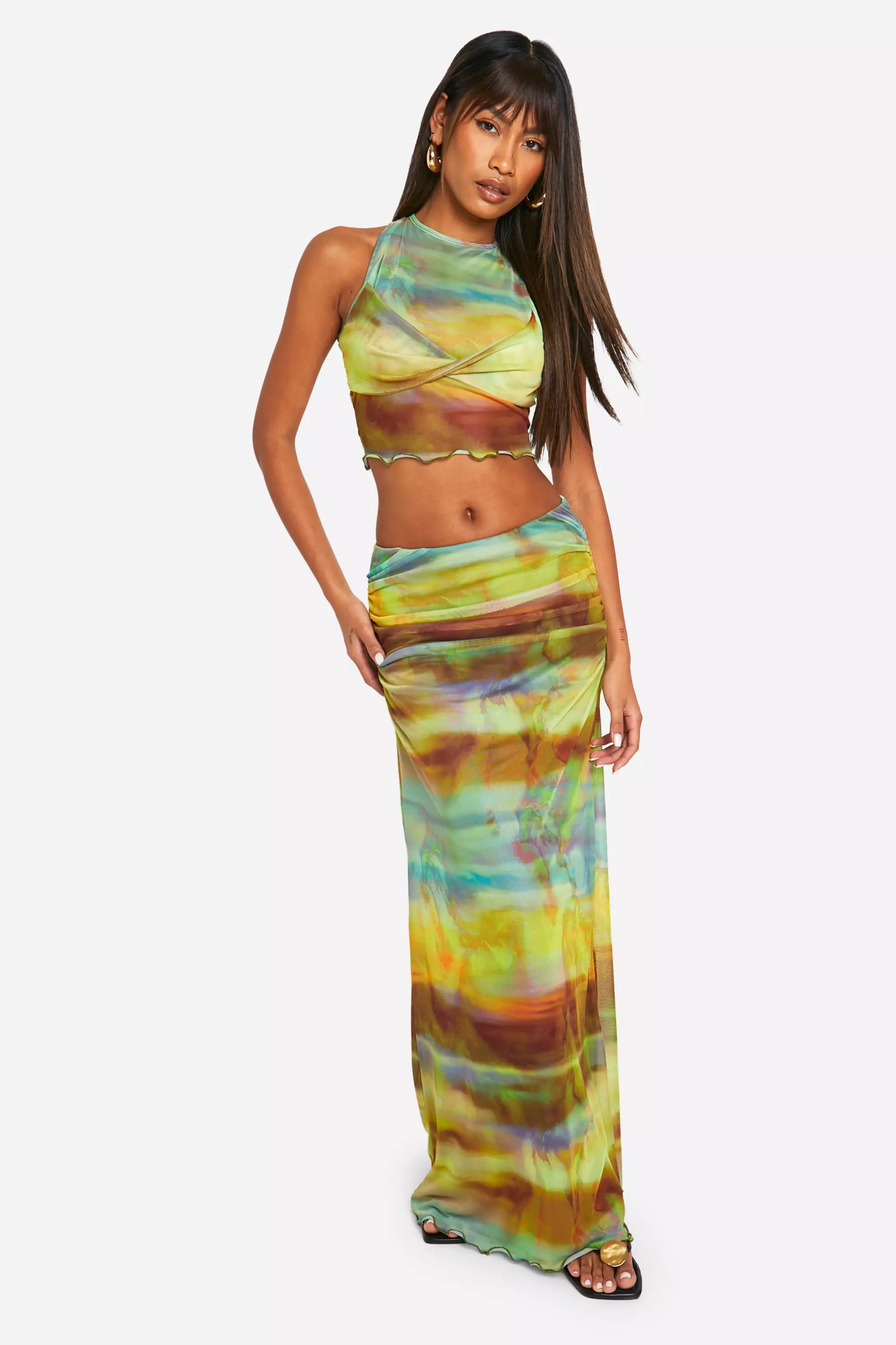 Yellow Printed Mesh Twist Front Racer Top صورة بديلة