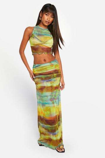 Printed Mesh Rushed Side Maxi Skirt yellow